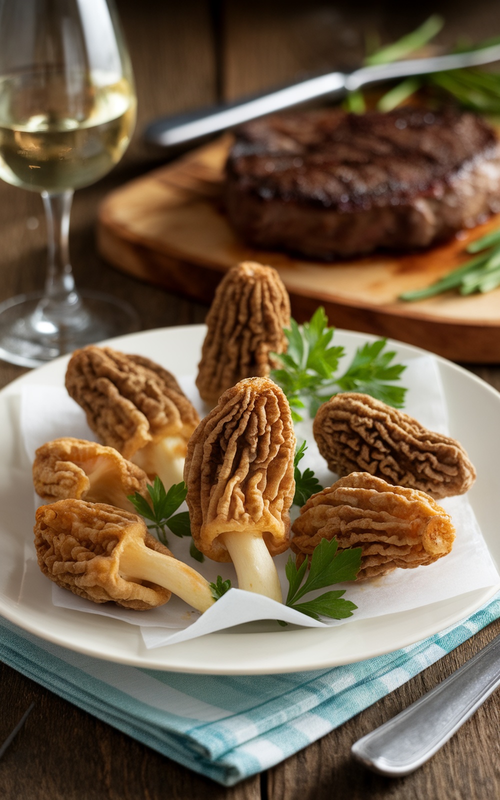 Crispy fried morel mushrooms garnished with parsley, served with steak and wine on a rustic table.